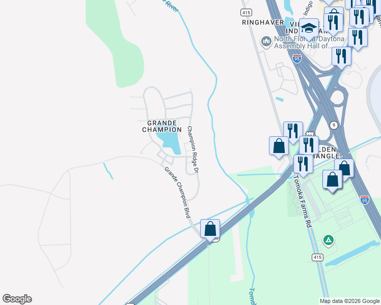 map of restaurants, bars, coffee shops, grocery stores, and more near 102 Misty Glen Lane in Daytona Beach
