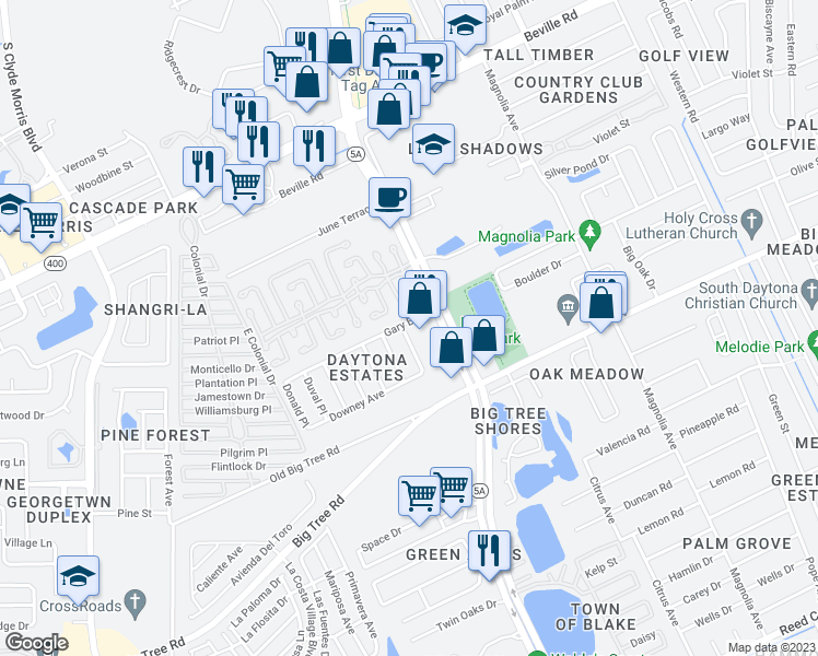 map of restaurants, bars, coffee shops, grocery stores, and more near 1933 Frank Place in Daytona Beach
