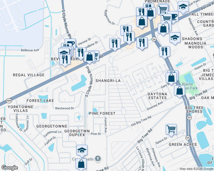 map of restaurants, bars, coffee shops, grocery stores, and more near 1667 East Shangri-La Drive in Daytona Beach