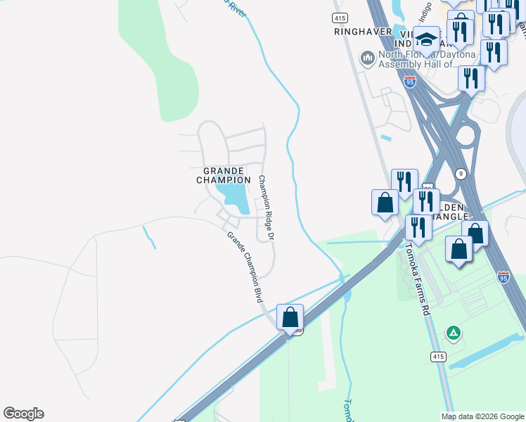 map of restaurants, bars, coffee shops, grocery stores, and more near 102 Misty Glen Lane in Daytona Beach
