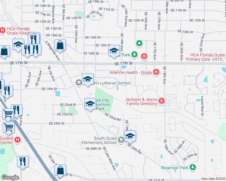 map of restaurants, bars, coffee shops, grocery stores, and more near 1316 Southeast 19th Street in Ocala