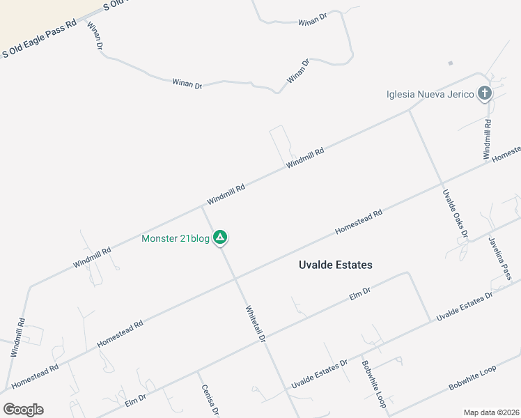 map of restaurants, bars, coffee shops, grocery stores, and more near 321 Windmill Road in Uvalde