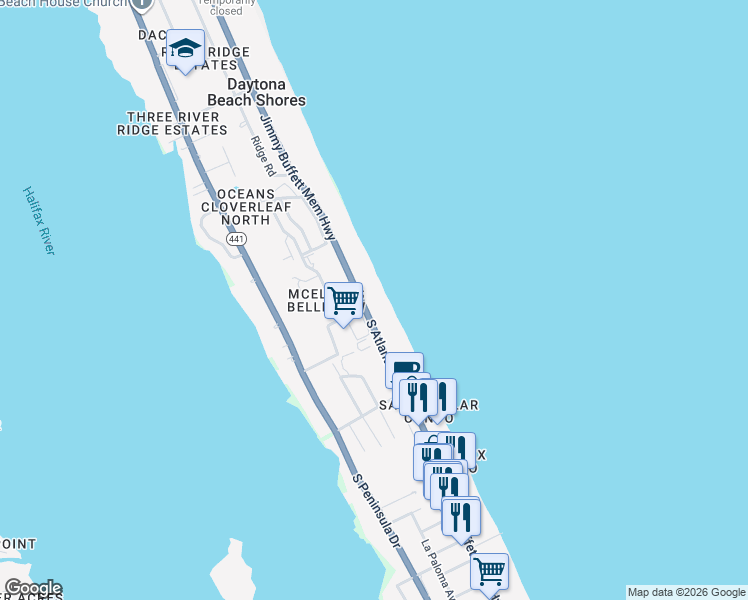 map of restaurants, bars, coffee shops, grocery stores, and more near 3003 South Atlantic Avenue in Daytona Beach Shores