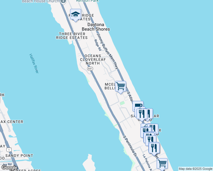map of restaurants, bars, coffee shops, grocery stores, and more near 3000 South Atlantic Avenue in Daytona Beach Shores