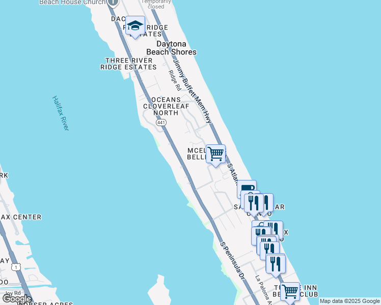 map of restaurants, bars, coffee shops, grocery stores, and more near 3000 South Atlantic Avenue in Daytona Beach Shores