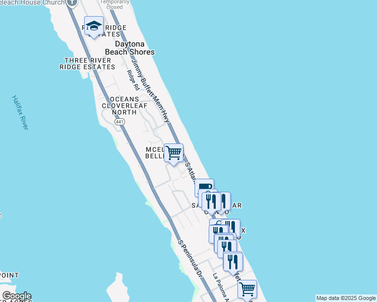 map of restaurants, bars, coffee shops, grocery stores, and more near 3003 South Atlantic Avenue in Daytona Beach Shores