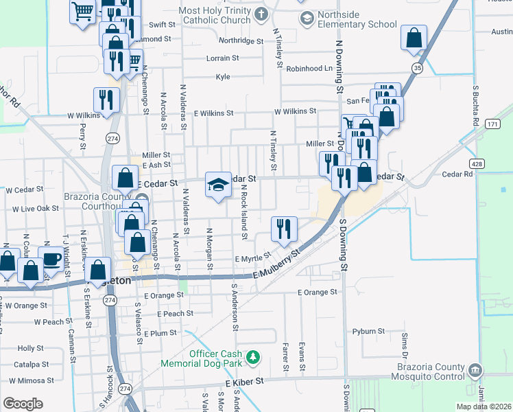 map of restaurants, bars, coffee shops, grocery stores, and more near 734 East Cedar Street in Angleton