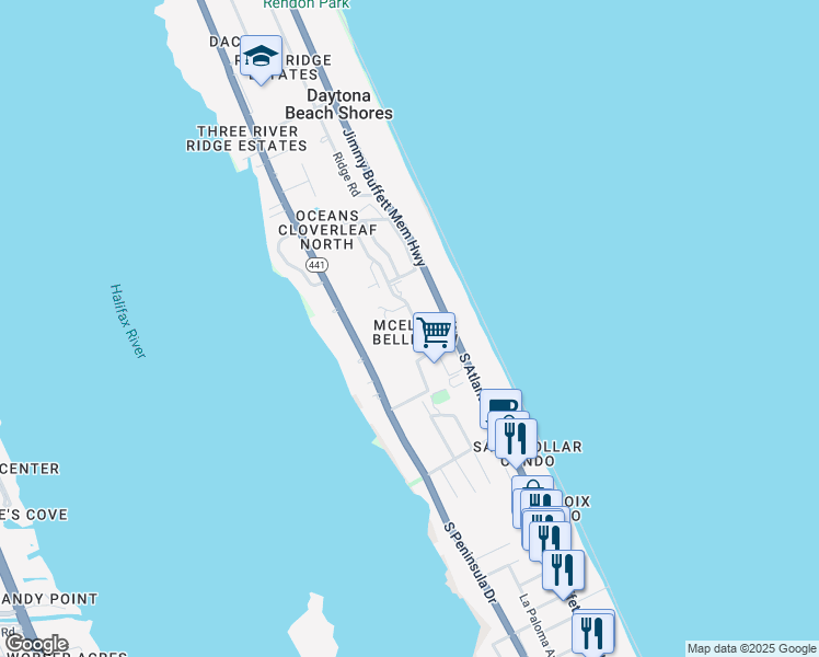 map of restaurants, bars, coffee shops, grocery stores, and more near 3000 South Atlantic Avenue in Daytona Beach Shores