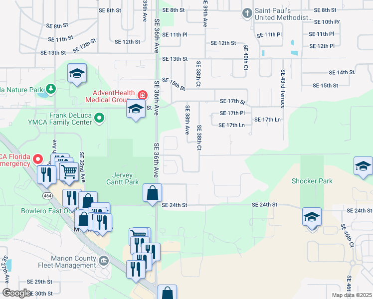 map of restaurants, bars, coffee shops, grocery stores, and more near 2021 Southeast 38th Avenue in Ocala