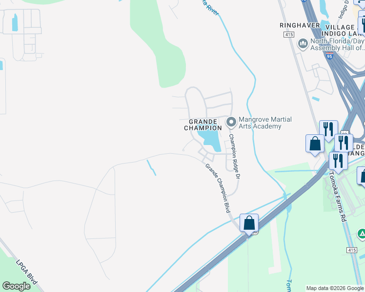 map of restaurants, bars, coffee shops, grocery stores, and more near 132 Masters Lane in Daytona Beach