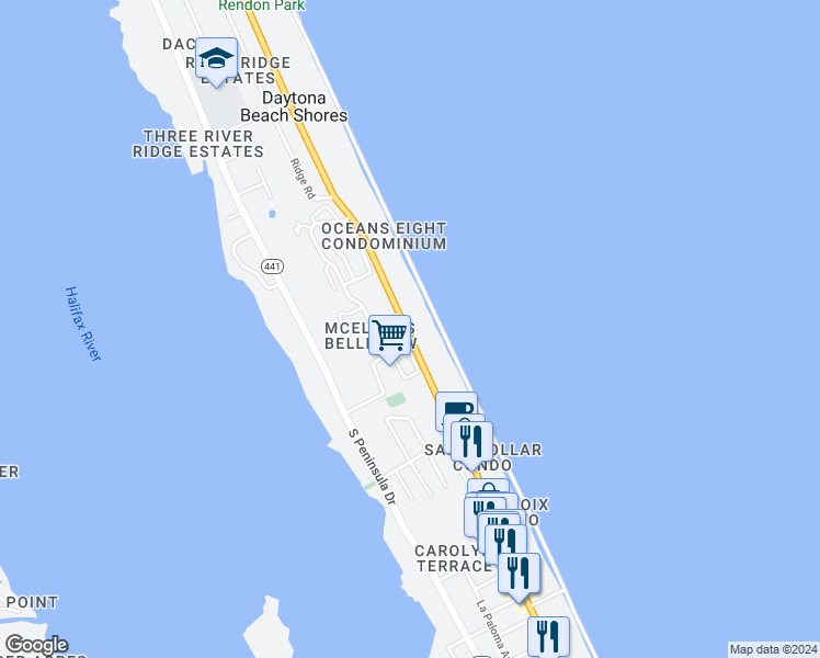 map of restaurants, bars, coffee shops, grocery stores, and more near 2990 Bellemead Drive in Daytona Beach Shores