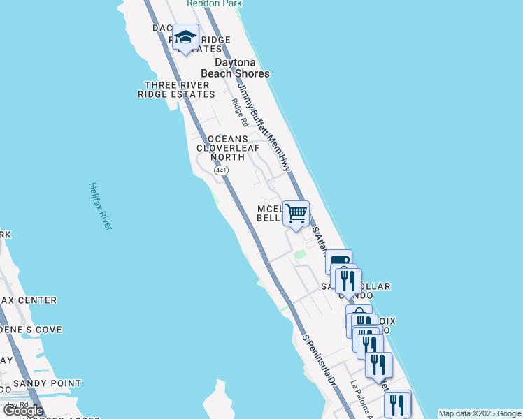 map of restaurants, bars, coffee shops, grocery stores, and more near 3000 South Atlantic Avenue in Daytona Beach Shores