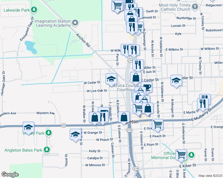 map of restaurants, bars, coffee shops, grocery stores, and more near 320 West Live Oak Street in Angleton