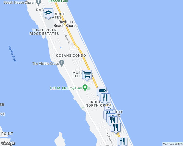 map of restaurants, bars, coffee shops, grocery stores, and more near 2990 Bellemead Drive in Daytona Beach Shores