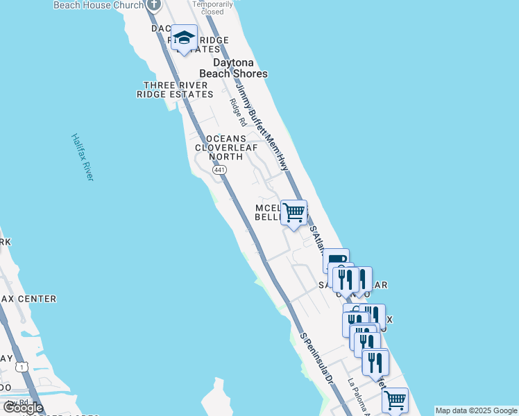 map of restaurants, bars, coffee shops, grocery stores, and more near 3000 South Atlantic Avenue in Daytona Beach Shores