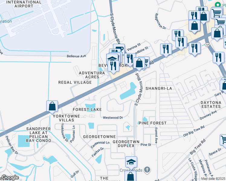 map of restaurants, bars, coffee shops, grocery stores, and more near 104 Westwood Drive in Daytona Beach