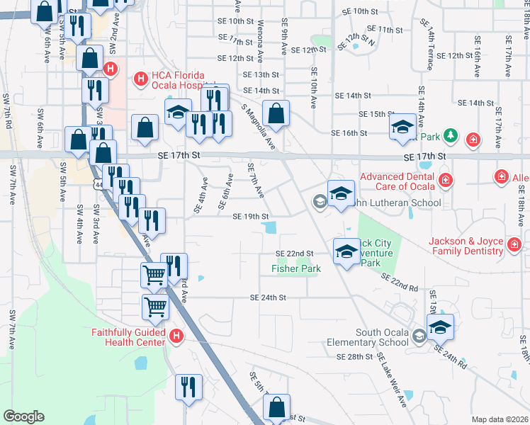map of restaurants, bars, coffee shops, grocery stores, and more near 1816 Southeast 7th Avenue in Ocala