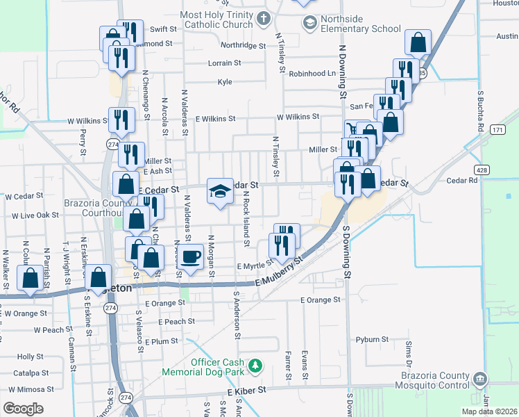 map of restaurants, bars, coffee shops, grocery stores, and more near 734 East Cedar Street in Angleton