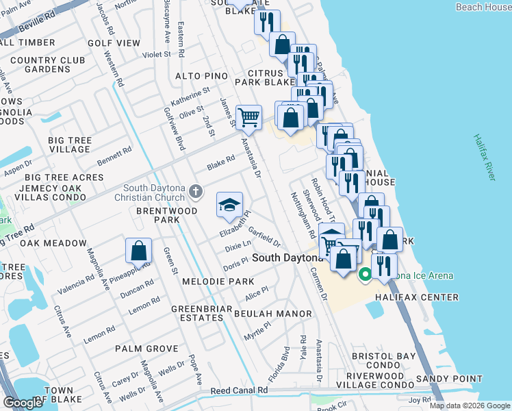 map of restaurants, bars, coffee shops, grocery stores, and more near 2170 Anastasia Drive in South Daytona