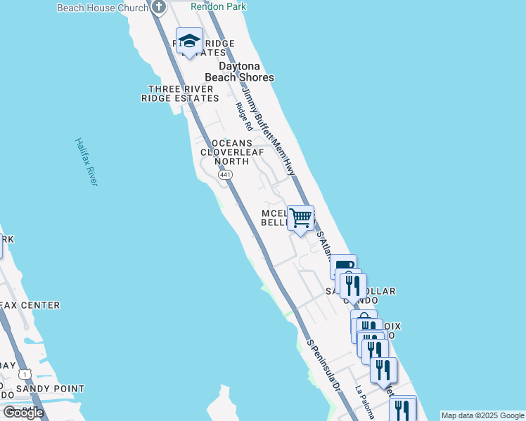 map of restaurants, bars, coffee shops, grocery stores, and more near 2 Oceans West Boulevard in Daytona Beach