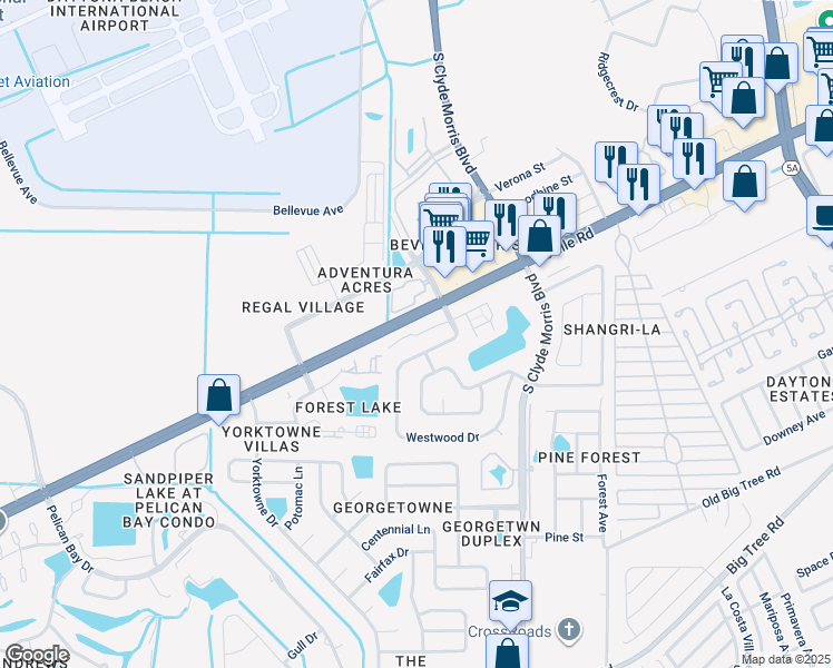 map of restaurants, bars, coffee shops, grocery stores, and more near 1628 Woodcrest Drive in Daytona Beach