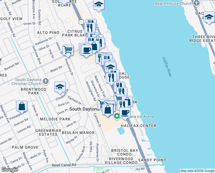 map of restaurants, bars, coffee shops, grocery stores, and more near 2230 Granada Drive in South Daytona