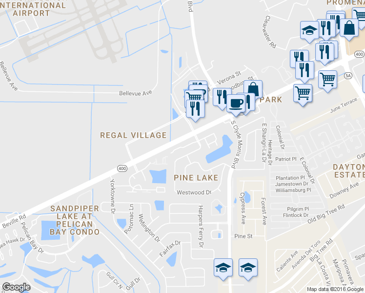 map of restaurants, bars, coffee shops, grocery stores, and more near 1628 Woodcrest Drive in Daytona Beach