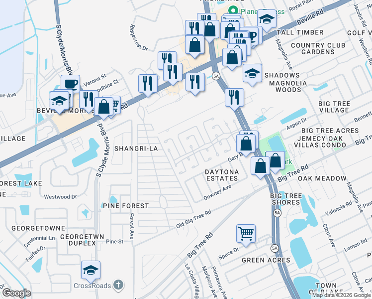 map of restaurants, bars, coffee shops, grocery stores, and more near 65 Twin Coach Court in Daytona Beach