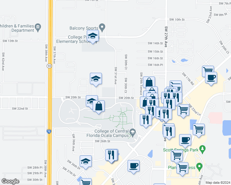 map of restaurants, bars, coffee shops, grocery stores, and more near 1974 Southwest 31st Avenue in Ocala