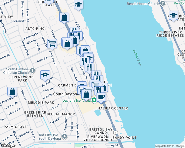 map of restaurants, bars, coffee shops, grocery stores, and more near 2263 South Ridgewood Avenue in South Daytona
