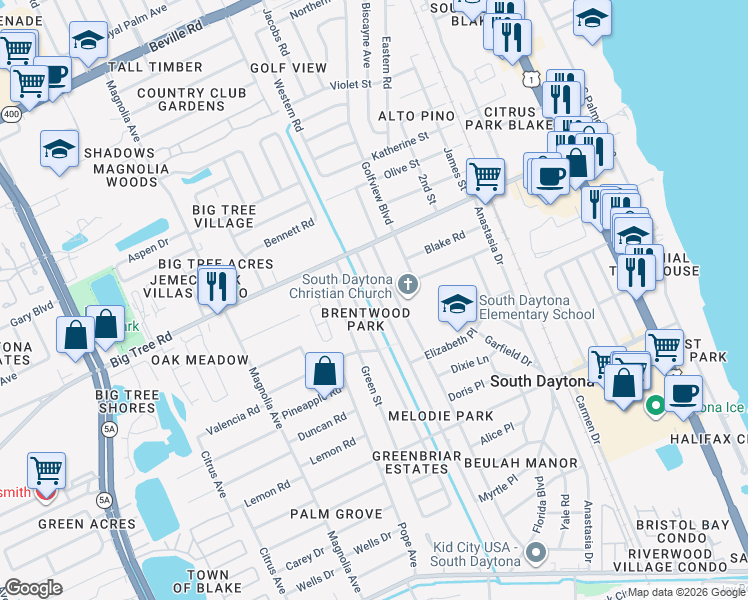 map of restaurants, bars, coffee shops, grocery stores, and more near 2060 Oriole Lane in South Daytona