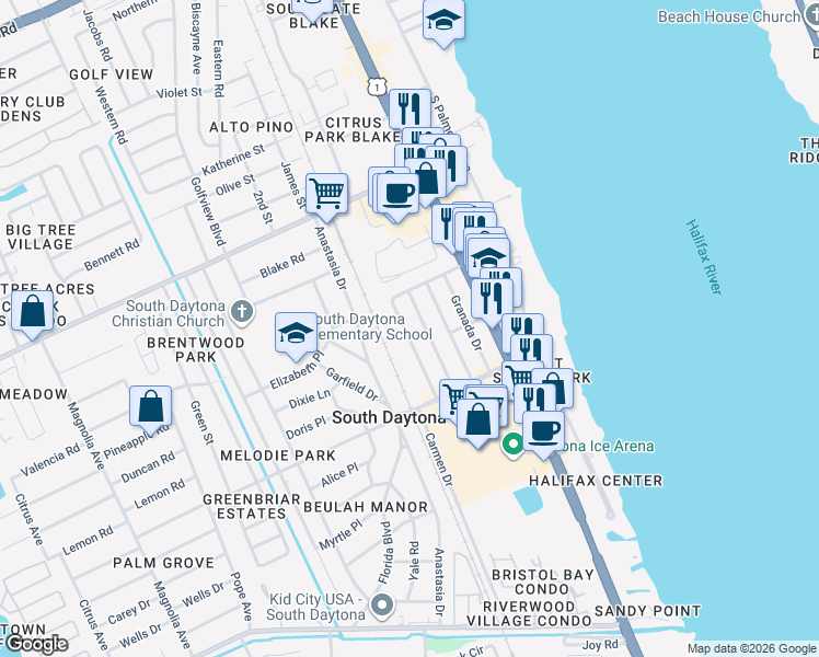 map of restaurants, bars, coffee shops, grocery stores, and more near 2219 Sherwood Drive in South Daytona
