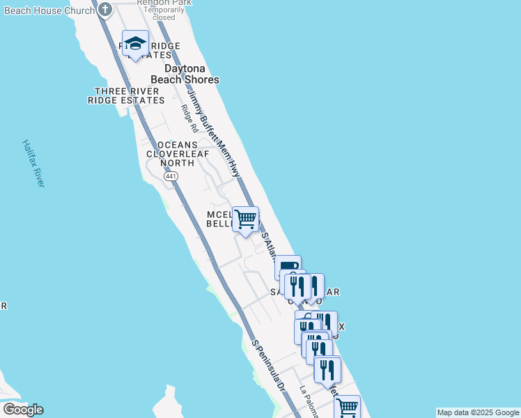 map of restaurants, bars, coffee shops, grocery stores, and more near 3003 South Atlantic Avenue in Daytona Beach