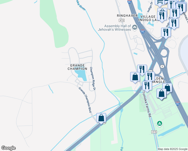 map of restaurants, bars, coffee shops, grocery stores, and more near 529 Champion Ridge Drive in Daytona Beach