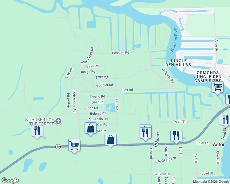 map of restaurants, bars, coffee shops, grocery stores, and more near 24140 Fox Road in Astor
