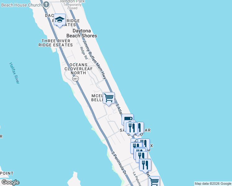 map of restaurants, bars, coffee shops, grocery stores, and more near 3003 South Atlantic Avenue in Daytona Beach Shores