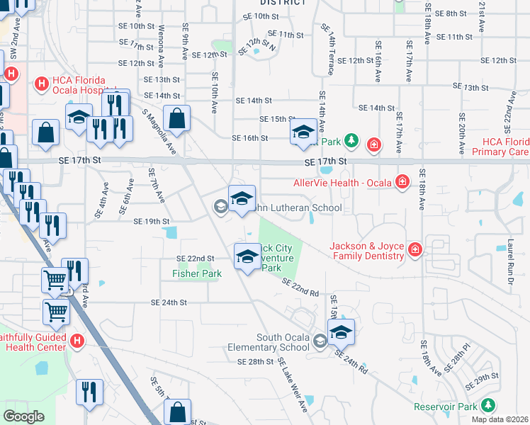 map of restaurants, bars, coffee shops, grocery stores, and more near 1218 Southeast 19th Street in Ocala