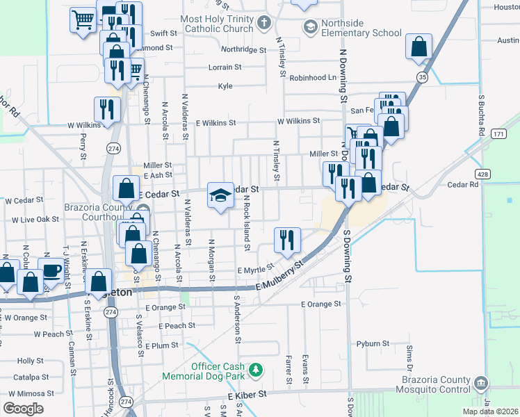 map of restaurants, bars, coffee shops, grocery stores, and more near 734 East Cedar Street in Angleton