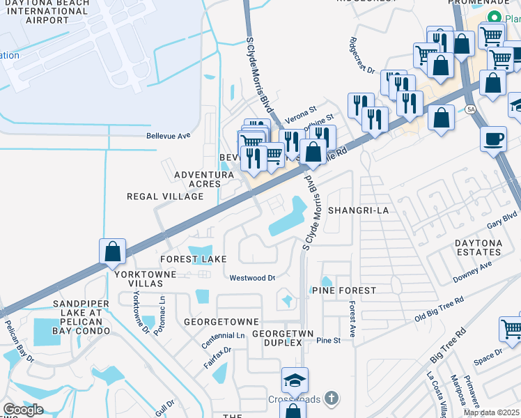 map of restaurants, bars, coffee shops, grocery stores, and more near 104 Westwood Drive in Daytona Beach