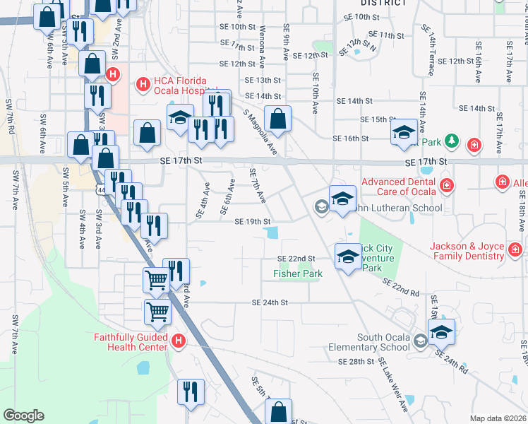 map of restaurants, bars, coffee shops, grocery stores, and more near 1816 Southeast 7th Avenue in Ocala