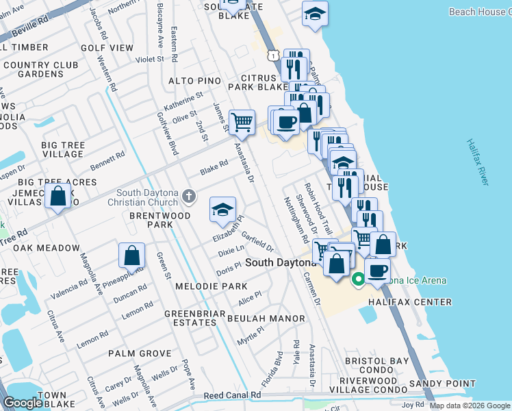 map of restaurants, bars, coffee shops, grocery stores, and more near 2170 Anastasia Dr in South Daytona