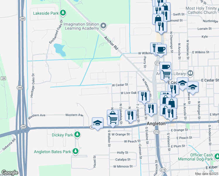 map of restaurants, bars, coffee shops, grocery stores, and more near 616 Marshall in Angleton