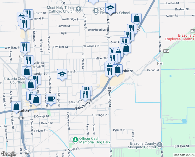 map of restaurants, bars, coffee shops, grocery stores, and more near 421 Pecan Orchard in Angleton