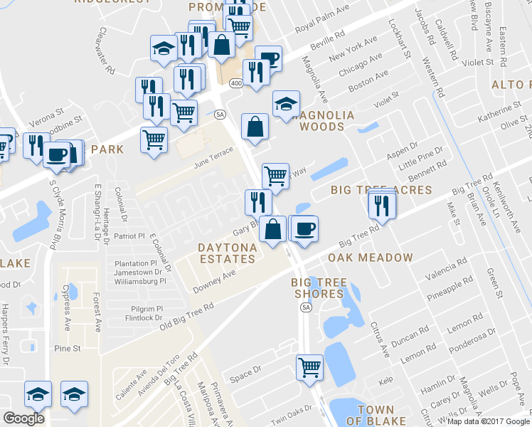 map of restaurants, bars, coffee shops, grocery stores, and more near 996 Gary Boulevard in Daytona Beach