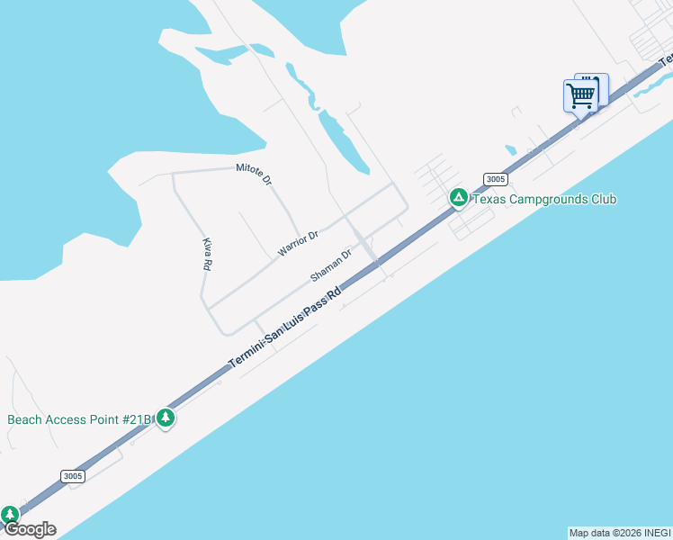 map of restaurants, bars, coffee shops, grocery stores, and more near 18603 Shaman Road in Galveston