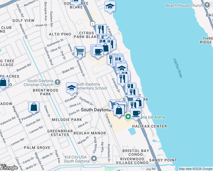 map of restaurants, bars, coffee shops, grocery stores, and more near 2219 Sherwood Drive in South Daytona