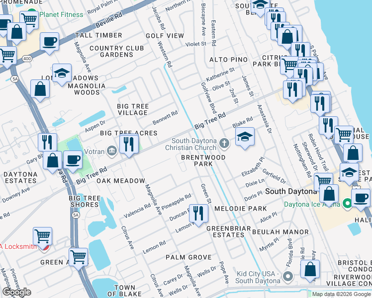 map of restaurants, bars, coffee shops, grocery stores, and more near 2020 Green Street in South Daytona