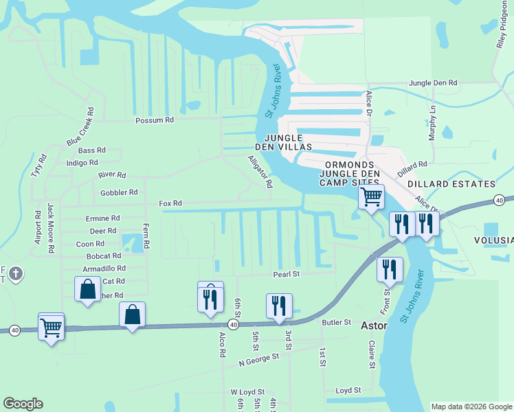 map of restaurants, bars, coffee shops, grocery stores, and more near 24618 Fox Road in Astor