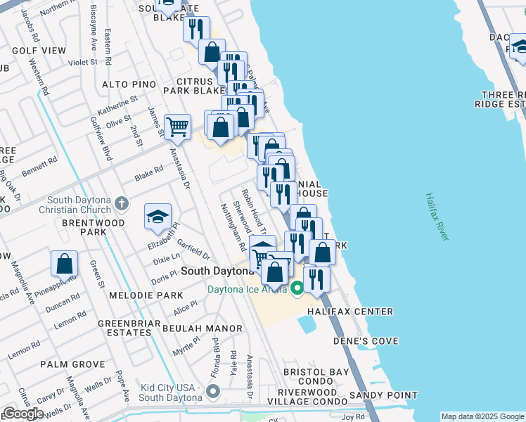 map of restaurants, bars, coffee shops, grocery stores, and more near 2230 Granada Drive in South Daytona