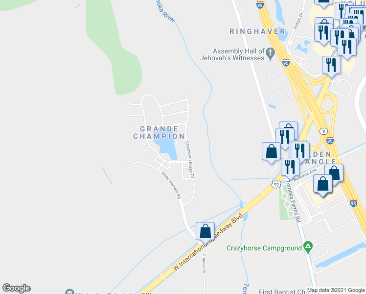 map of restaurants, bars, coffee shops, grocery stores, and more near 106 Kelly Thomas Way in Daytona Beach